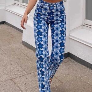 Blue Floral Patterned Pants